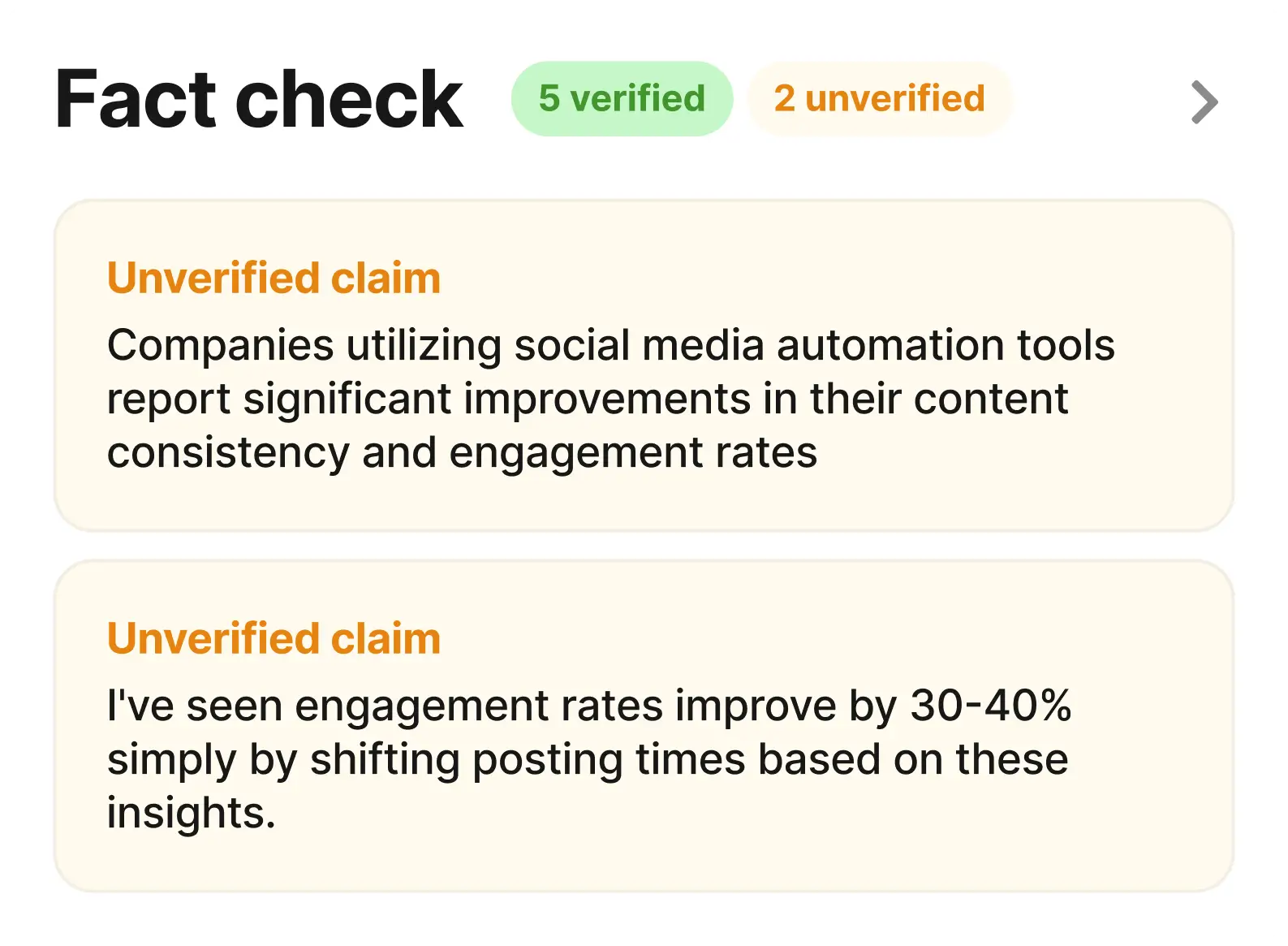 Fact check panel showing verified and unverified claims