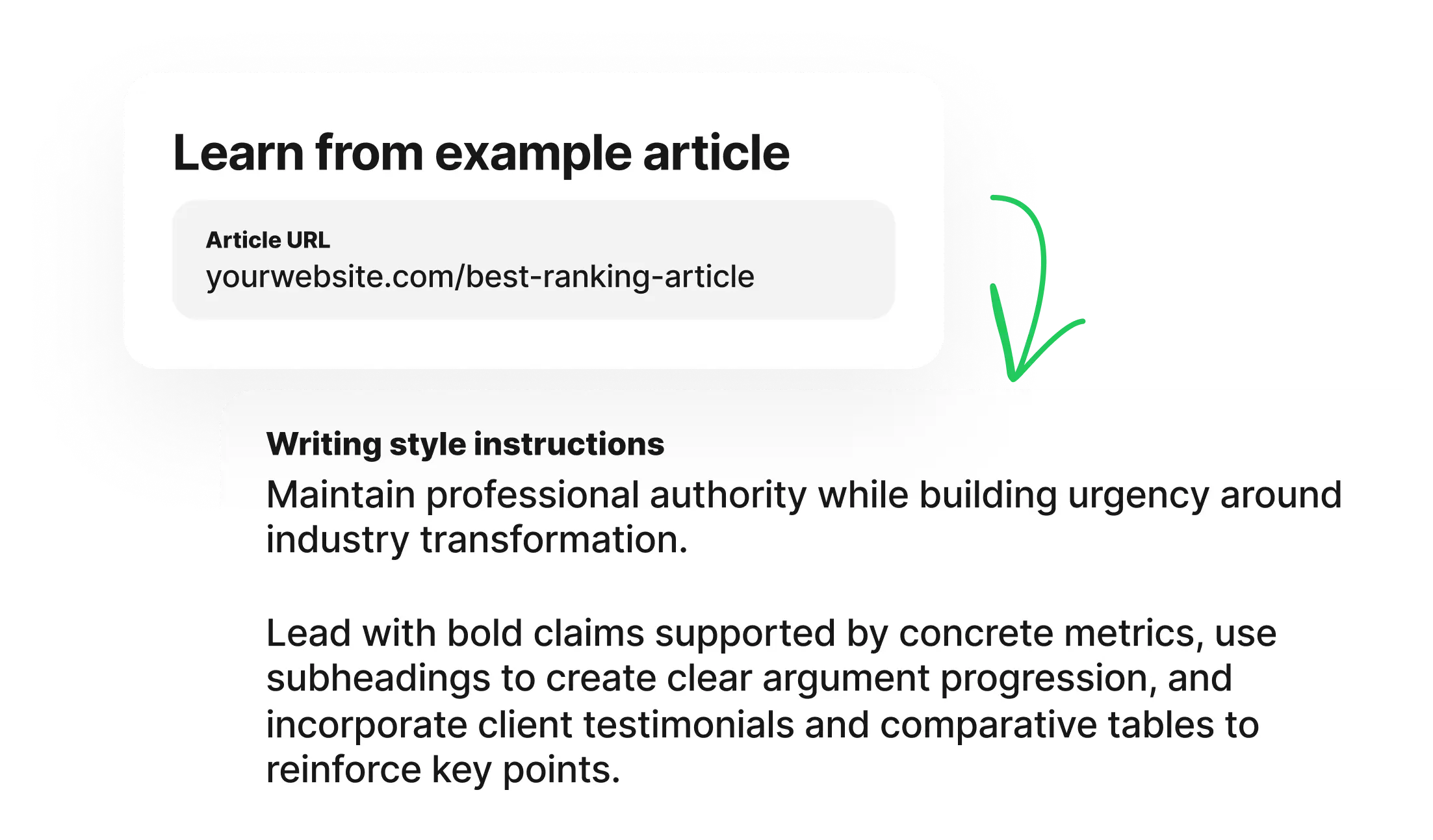 Style learning modal showing URL input and writing style instructions