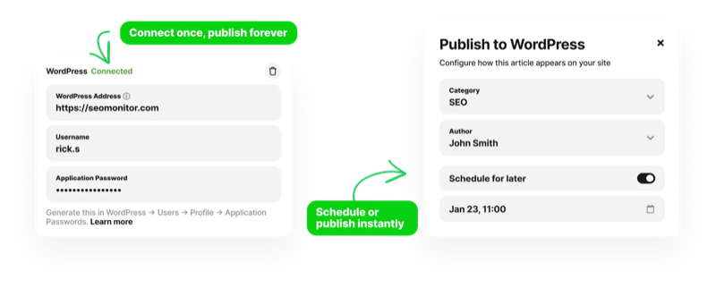 WordPress Integration — connect once, set category, author, and schedule or publish instantly
